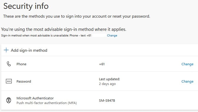 Screenshot of the Microsoft Authentication Methods web page